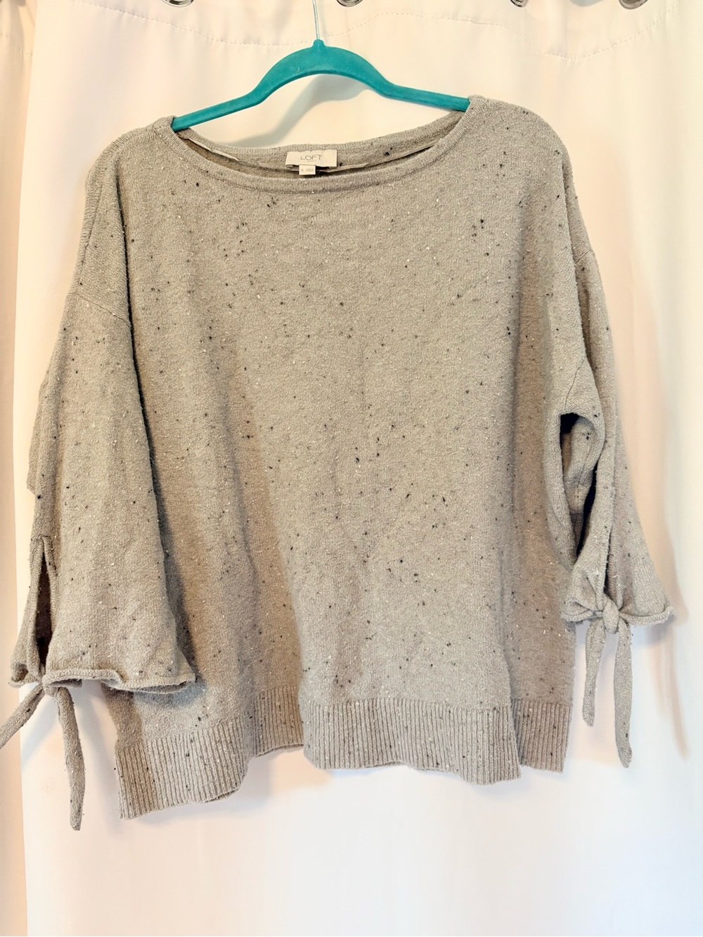 LOFT Light Gray Speckled Tie-Sleeve Pullover